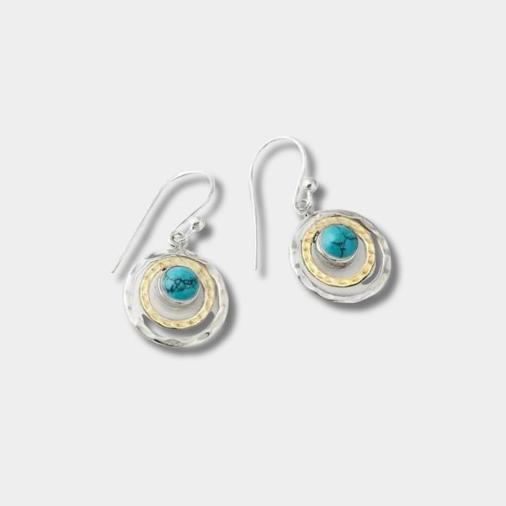 Anna-Sofie - Pendientes Boho Saturno con piedra turquesa en plata y oro