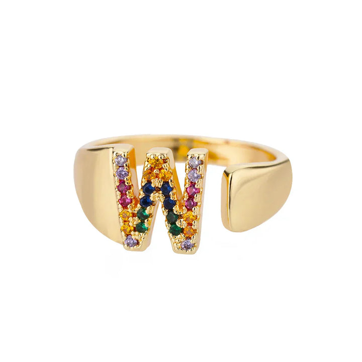 W - Anillo de acero inoxidable dorado con inicial