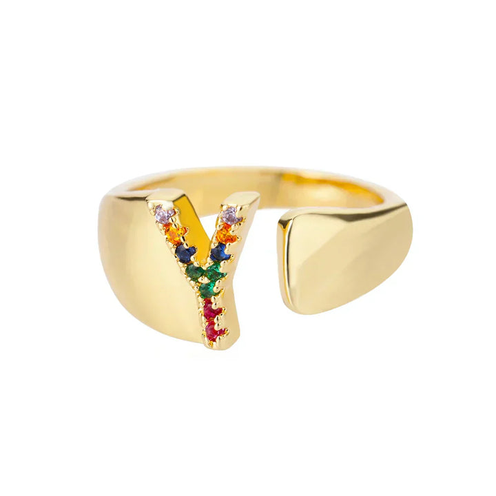 Y - Anillo de acero inoxidable dorado con inicial