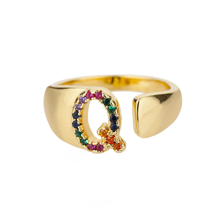 Q - Anillo de acero inoxidable dorado con iniciales